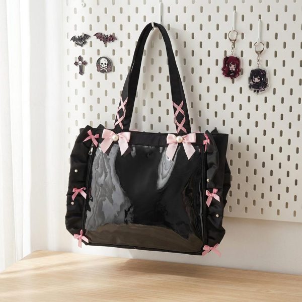 Y2K Gothic Ita Tote Bag with Clear Window for Photocards and Pins — ita tote bag detail view