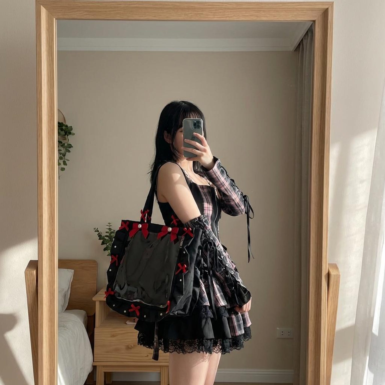 Y2K Gothic Ita Tote Bag with Clear Window for Photocards and Pins Y2K Gothic Ita Tote Bag with Clear Window for Photocards and Pins — ita tote bag detail view