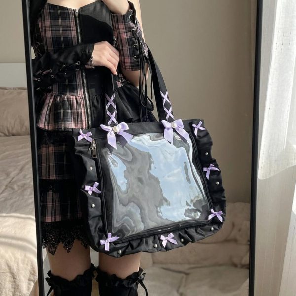 Y2K Gothic Ita Tote Bag with Clear Window for Photocards and Pins — ita tote bag detail view