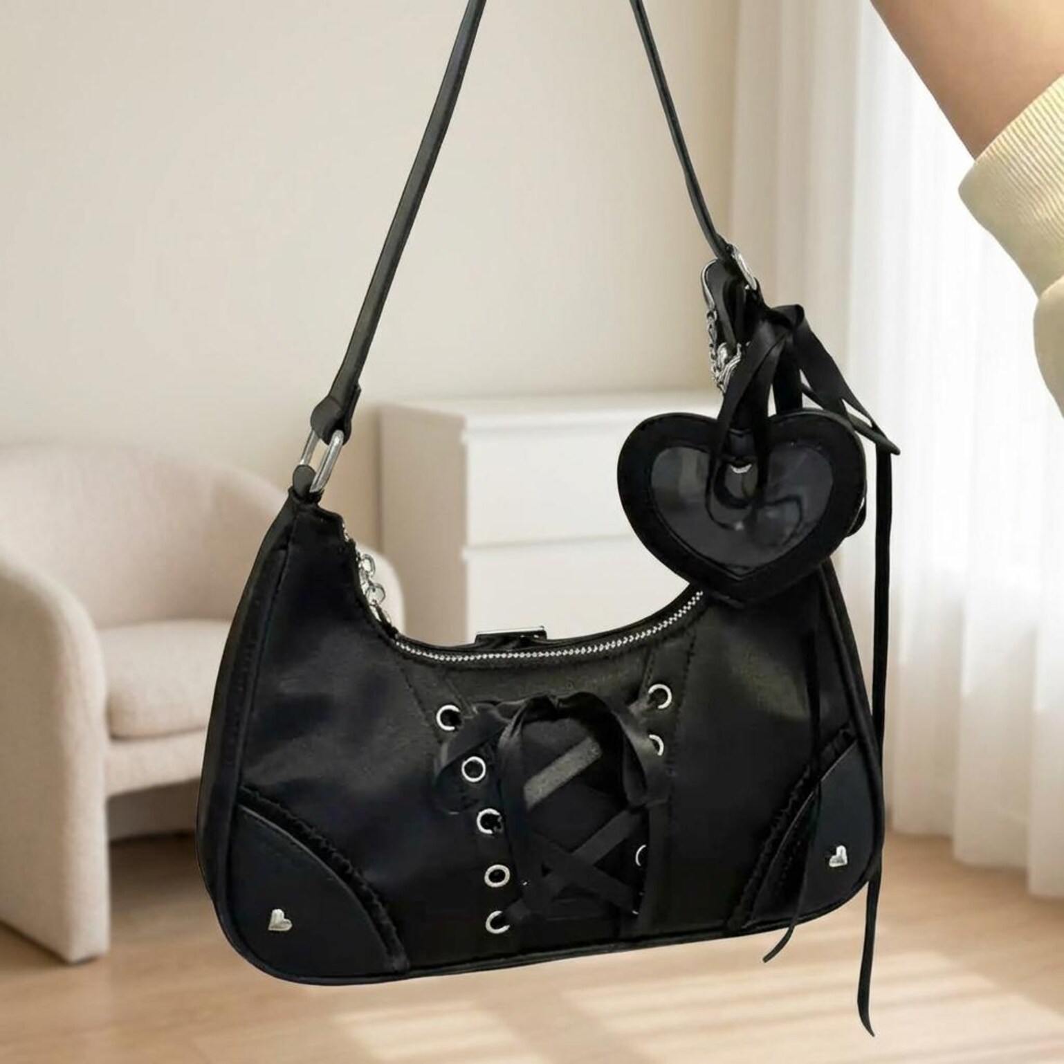 Y2K Ita Shoulder Bag with Clear Window for Photocards and Pins Y2K Ita Shoulder Bag with Clear Window for Photocards and Pins — crossbody ita bag detail view