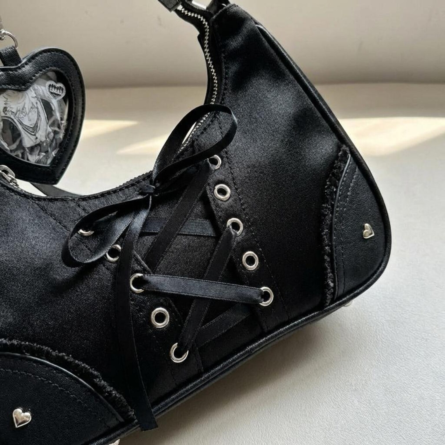 Y2K Ita Shoulder Bag with Clear Window for Photocards and Pins Y2K Ita Shoulder Bag with Clear Window for Photocards and Pins — crossbody ita bag detail view