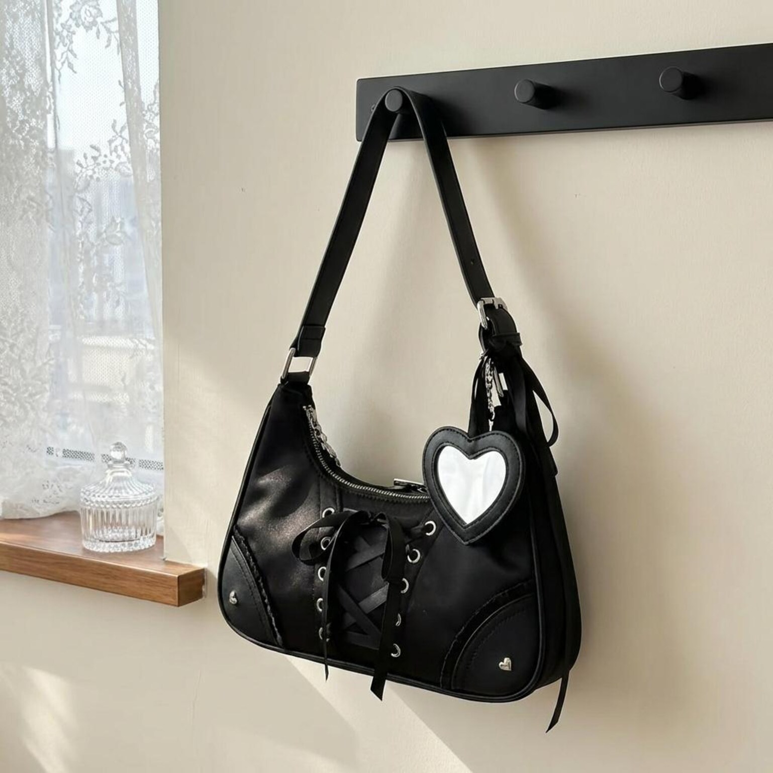 Y2K Ita Shoulder Bag with Clear Window for Photocards and Pins Y2K Ita Shoulder Bag with Clear Window for Photocards and Pins — crossbody ita bag detail view