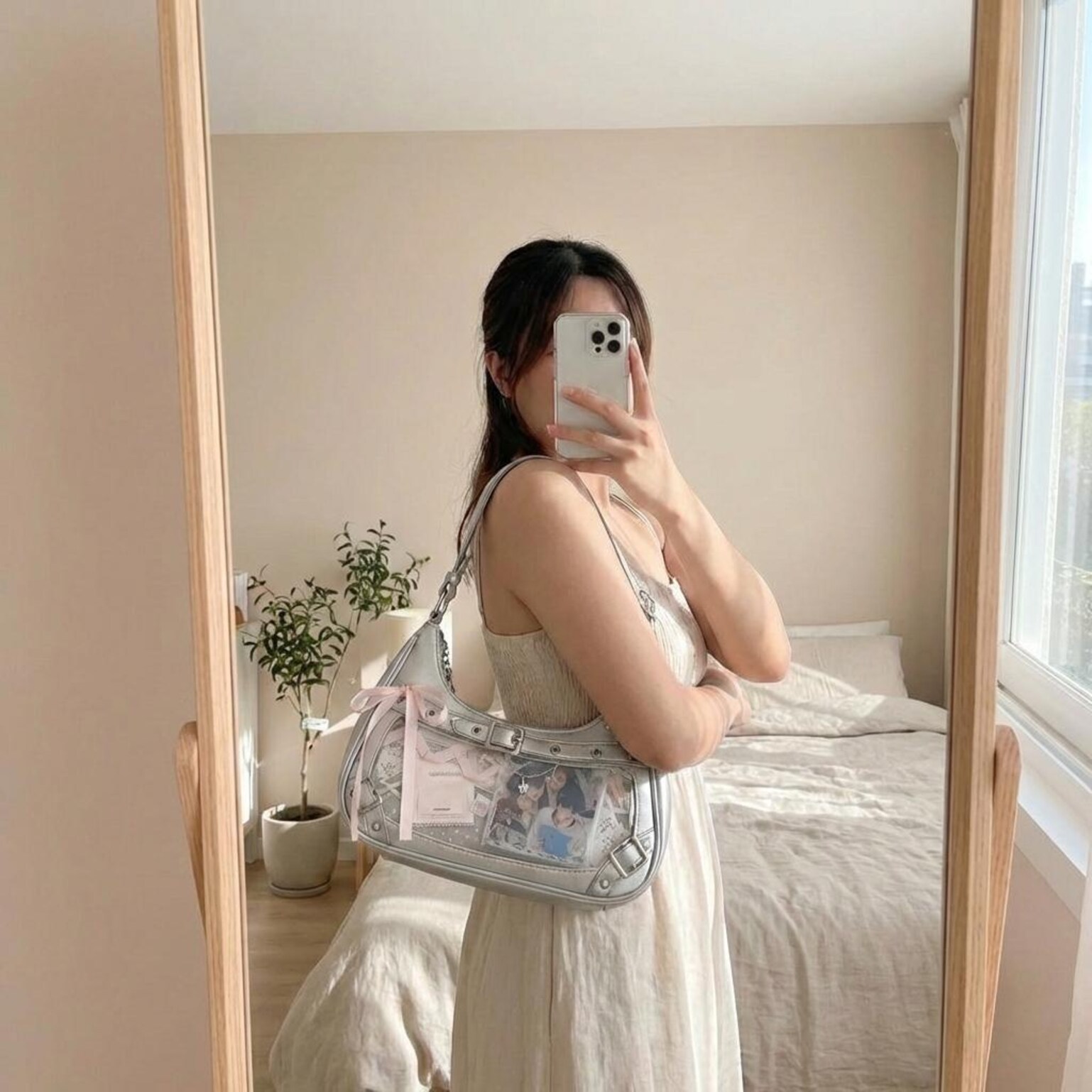 Y2K Ita Shoulder Bag with Clear Window for Photocards and Pins Y2K Ita Shoulder Bag with Clear Window for Photocards and Pins — crossbody ita bag detail view