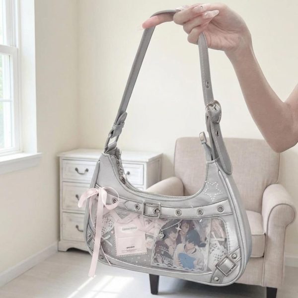 Y2K Ita Shoulder Bag with Clear Window for Photocards and Pins — crossbody ita bag detail view