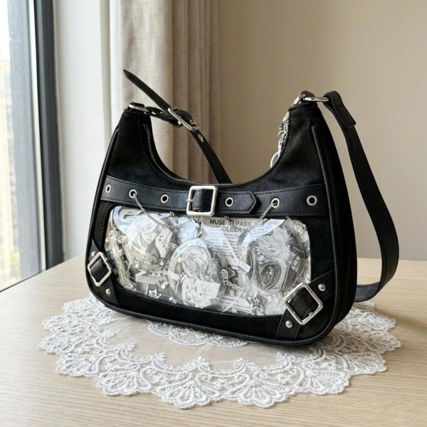 Y2K Ita Shoulder Bag with Clear Window for Photocards and Pins — crossbody ita bag detail view