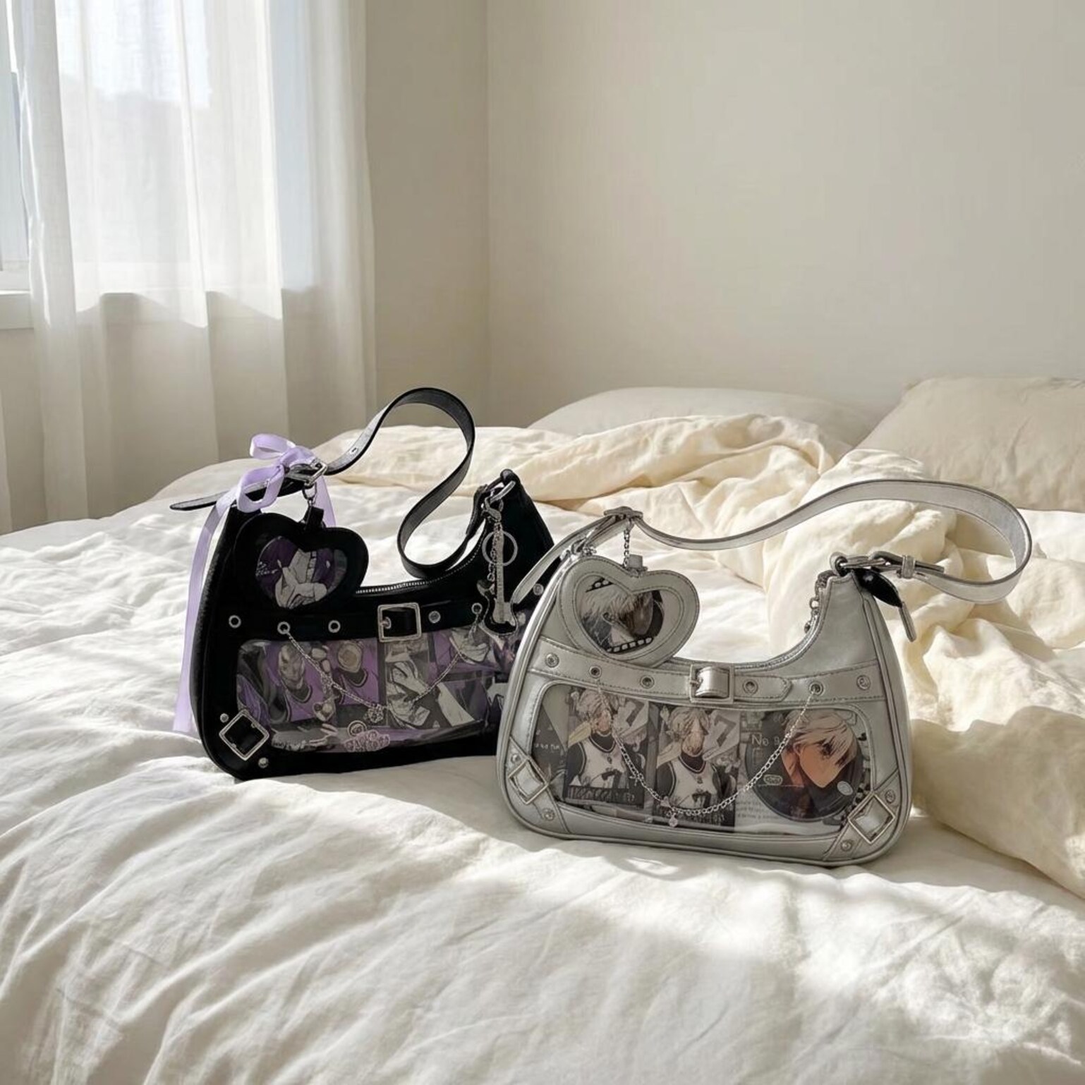 Y2K Ita Shoulder Bag with Clear Window for Photocards and Pins Y2K Ita Shoulder Bag with Clear Window for Photocards and Pins — crossbody ita bag detail view