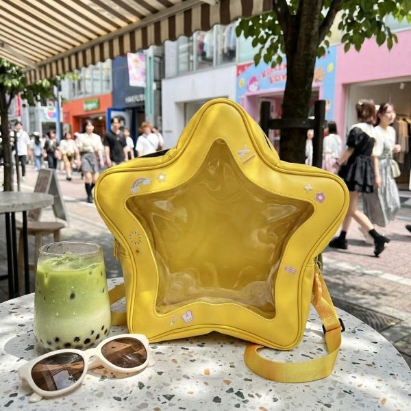 Yellow Kawaii Star Convertible Ita Bag with Clear Window for Pin Display — ita bag detail view