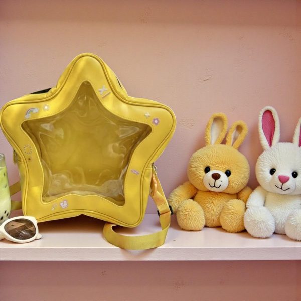 Yellow Kawaii Star Convertible Ita Bag with Clear Window for Pin Display — ita bag detail view