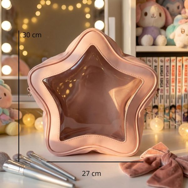 Yellow Kawaii Star Convertible Ita Bag with Clear Window for Pin Display — ita bag detail view