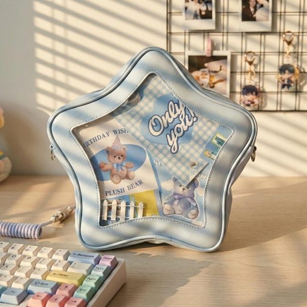 Yellow Kawaii Star Convertible Ita Bag with Clear Window for Pin Display — ita bag detail view