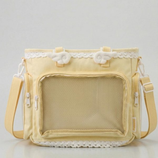 Yellow Kawaii Y2K Convertible Ita Bag with Clear Window for Pin Display — ita bag detail view