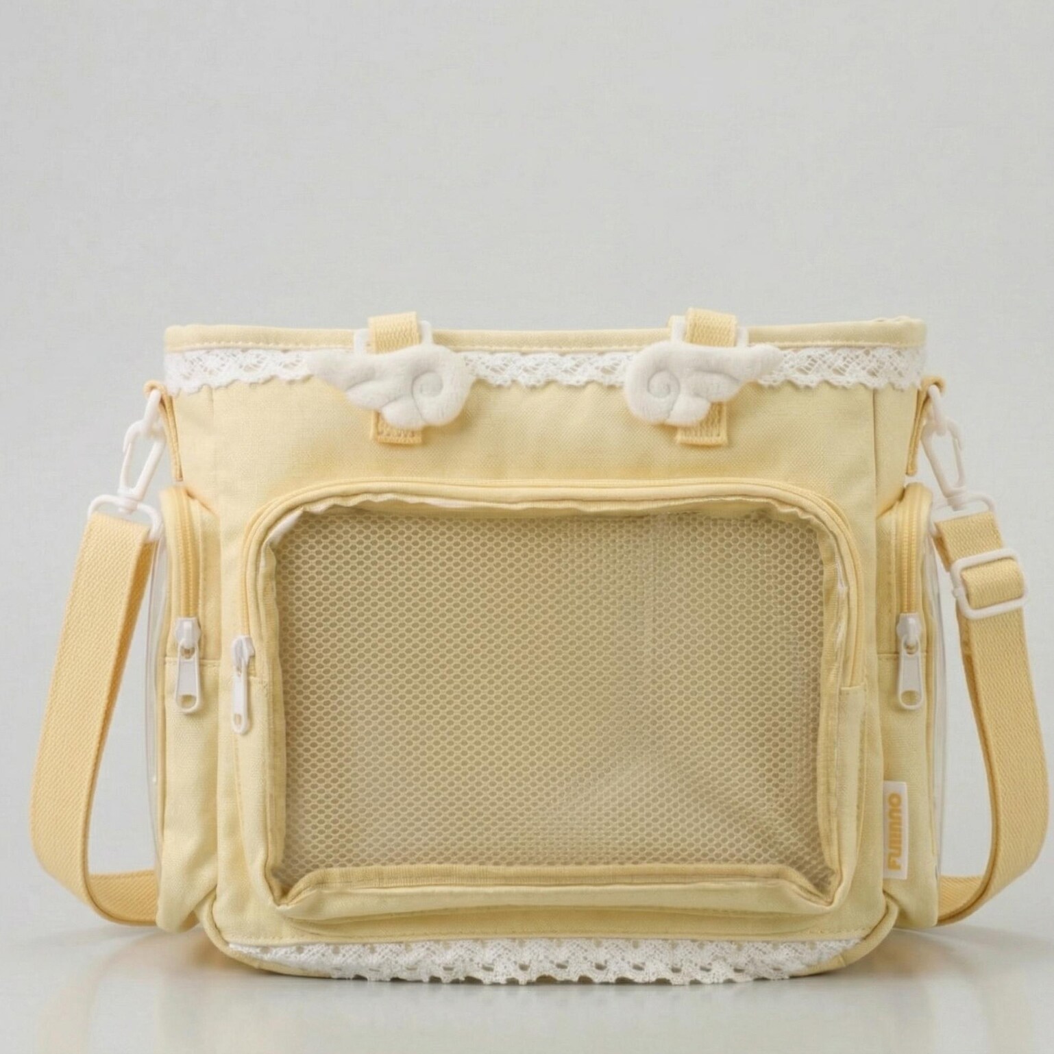 Yellow Kawaii Y2K Convertible Ita Bag with Clear Window for Pin Display Yellow Kawaii Y2K Convertible Ita Bag with Clear Window for Pin Display — ita bag detail view