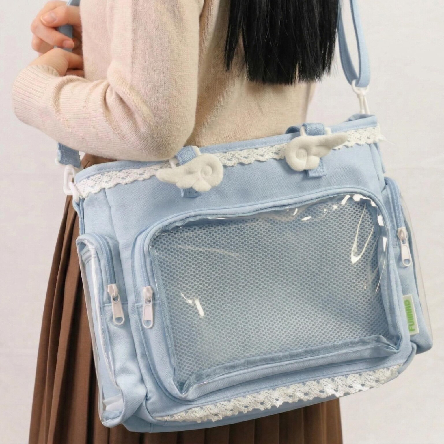 Yellow Kawaii Y2K Convertible Ita Bag with Clear Window for Pin Display Yellow Kawaii Y2K Convertible Ita Bag with Clear Window for Pin Display — ita bag detail view