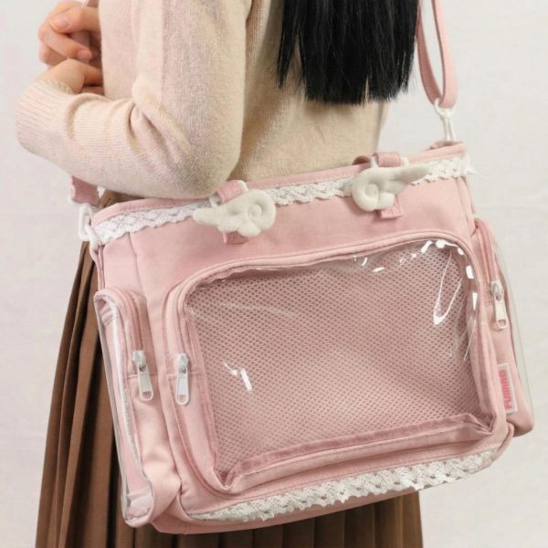 Yellow Kawaii Y2K Convertible Ita Bag with Clear Window for Pin Display — ita bag detail view