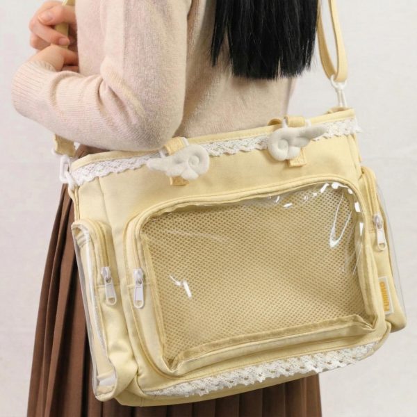Yellow Kawaii Y2K Convertible Ita Bag with Clear Window for Pin Display — ita bag detail view