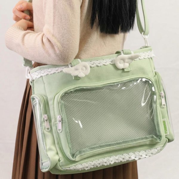 Yellow Kawaii Y2K Convertible Ita Bag with Clear Window for Pin Display — ita bag detail view