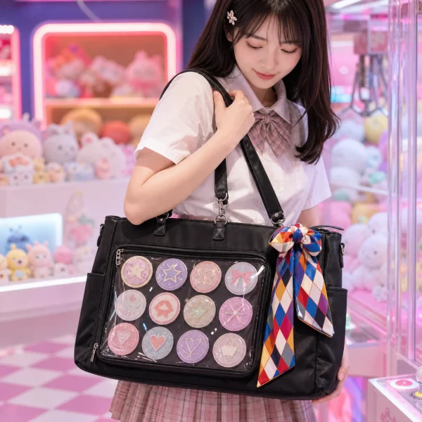 Large Black Ita Tote Bag with Clear Window for Pin Display