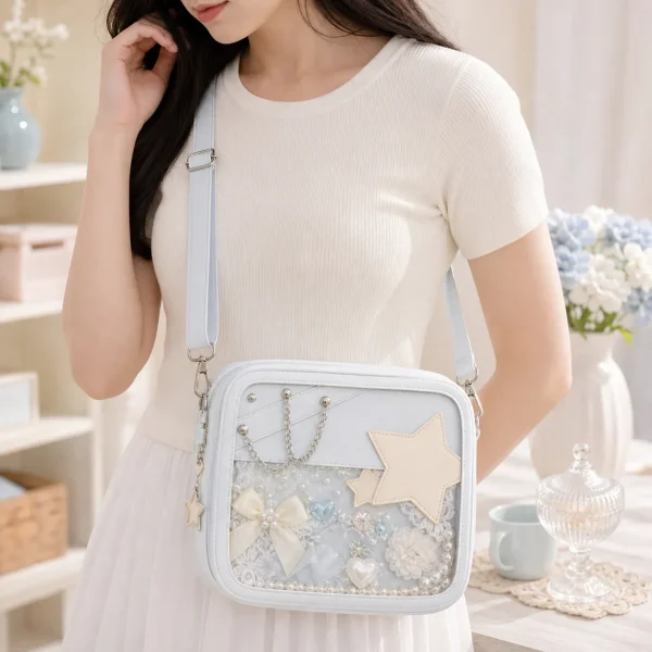 Small White Ita Crossbody Bag with Clear Window for Pin Display