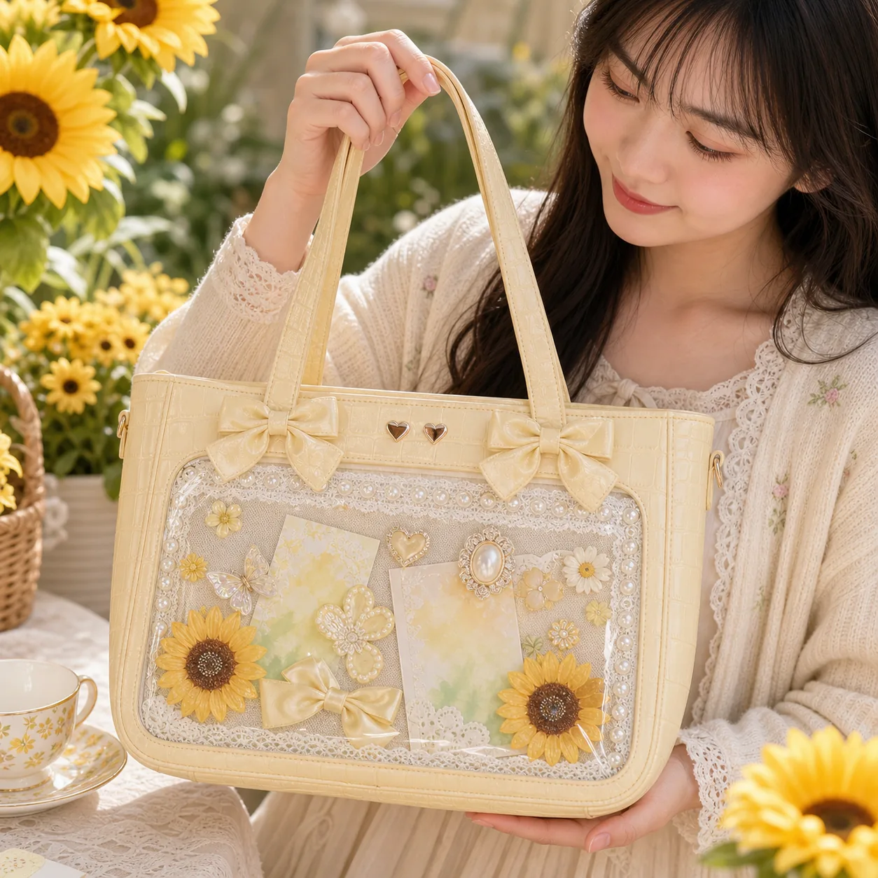 White Ita Shoulder Bag with Clear Window for Pin Display White Ita Shoulder Bag with Clear Window for Pin Display