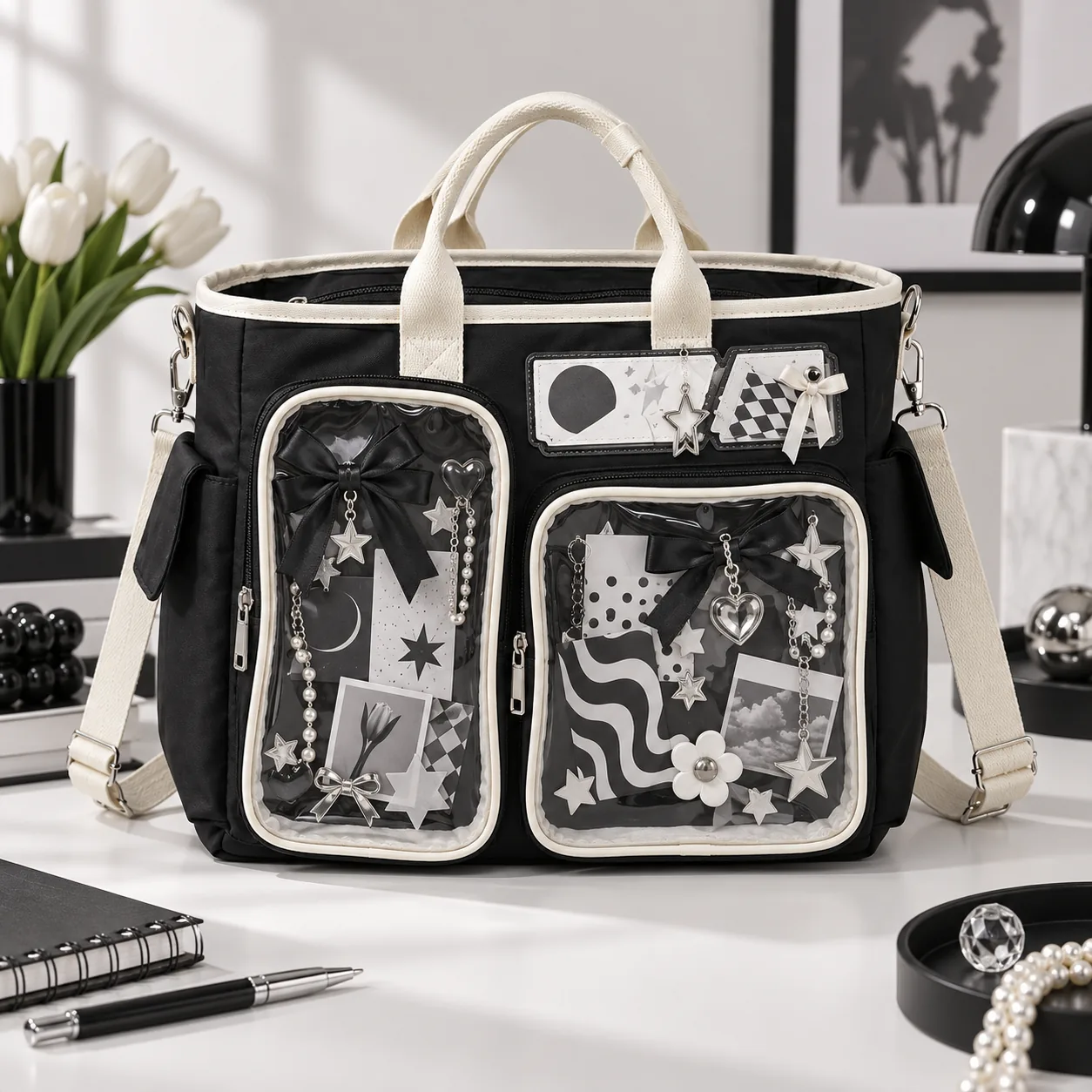 large-black-kawaii-y2k-ita-backpack-with-clear-window-for-photocards-and-pins | YourItBag large-black-kawaii-y2k-ita-backpack-with-clear-window-for-photocards-and-pins featured product image - YourItBag